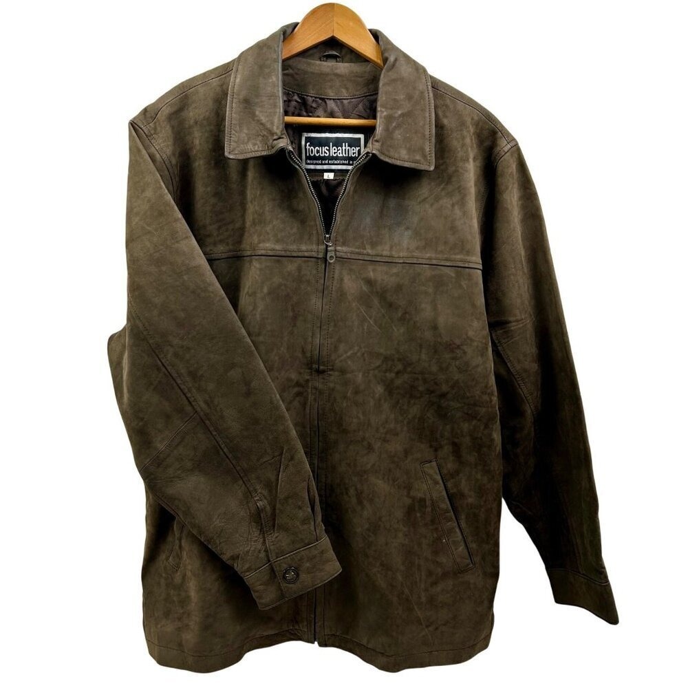 Focus Leather Mens Jacket Brown Real Leather Zip Coat Size L Vintage Style